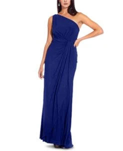 Adrianna Papell One-Shoulder Side-Drape Cascade Matte Jersey Gown