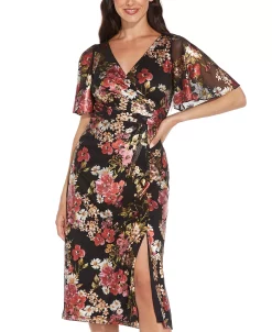 Adrianna Papell Floral-Print Metallic Flutter-Sleeve Dress -VINCE CAMUTO Shop 19899402 fpx