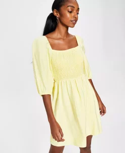 Bar III Women's Smocked Puff-Sleeve Fit & Flare Dress, Created For Macy's -VINCE CAMUTO Shop 21125029 fpx