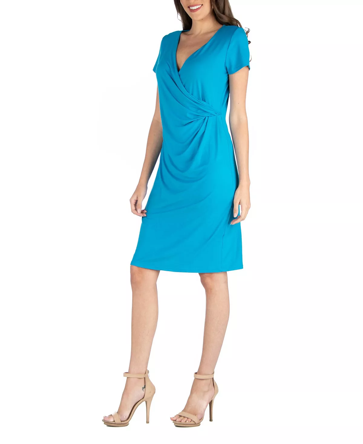 24Seven Comfort Apparel Faux Wrap Over Dress With Cap Sleeves 8 24Seven Comfort Apparel Faux Wrap Over Dress With Cap Sleeves - Image 8