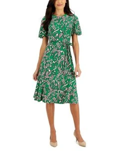 Kasper Printed Flutter-Sleeve Belted Dress