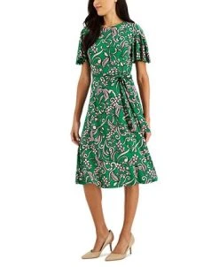 Kasper Printed Flutter-Sleeve Belted Dress -VINCE CAMUTO Shop 22343934 fpx