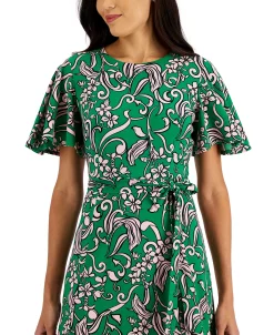 Kasper Printed Flutter-Sleeve Belted Dress -VINCE CAMUTO Shop 22343935 fpx