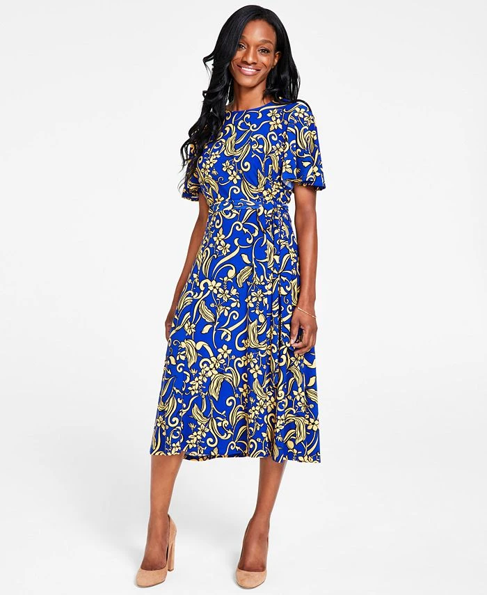 Kasper Printed Flutter-Sleeve Belted Dress 1 Kasper Printed Flutter-Sleeve Belted Dress
