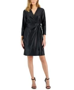Anne Klein Women's Faux-Leather Classic Faux-Wrap Dress