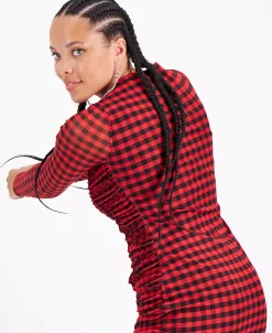 Bar III Women's Checkered Square-Neck Mesh-Overlay Ruched Mini Dress, Created For Macy's -VINCE CAMUTO Shop 22502623 fpx