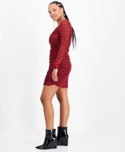 Bar III Women's Checkered Square-Neck Mesh-Overlay Ruched Mini Dress, Created For Macy's -VINCE CAMUTO Shop 22502625 fpx
