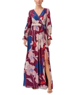 Adrianna Papell Women's Printed Tie-Waist Long-Sleeve Dress