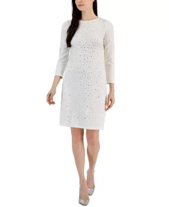 Anne Klein Women's Studded 3/4-Sleeve Fit & Flare Sweater Dress -VINCE CAMUTO Shop 22675933 fpx