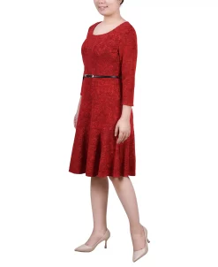 NY Collection Women's 3/4 Sleeve Jacquard Ponte Belted Dress -VINCE CAMUTO Shop 22698863 fpx