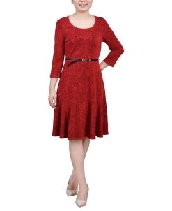 NY Collection Women's 3/4 Sleeve Jacquard Ponte Belted Dress