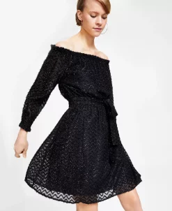 Bar III Women's Metallic Eyelash Off-The-Shoulder Dress, Created For Macy's -VINCE CAMUTO Shop 22723267 fpx