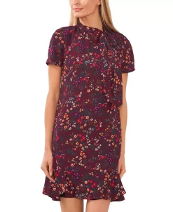 CeCe Women's Short Sleeve Printed Godet Dress With Bow Neck -VINCE CAMUTO Shop 22780180 fpx