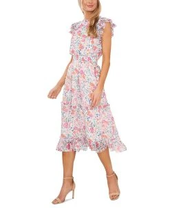 CeCe Women's Floral-Print Ruffled Cap-Sleeve Midi Dress