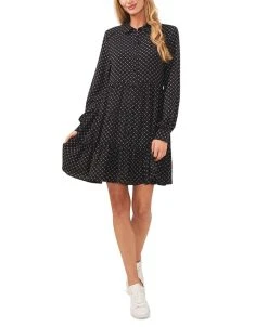 CeCe Women's Printed Collared Button-Up Tiered Dress