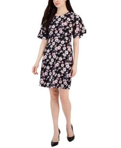 Connected Women's Floral-Print Round-Neck Sheath Dress