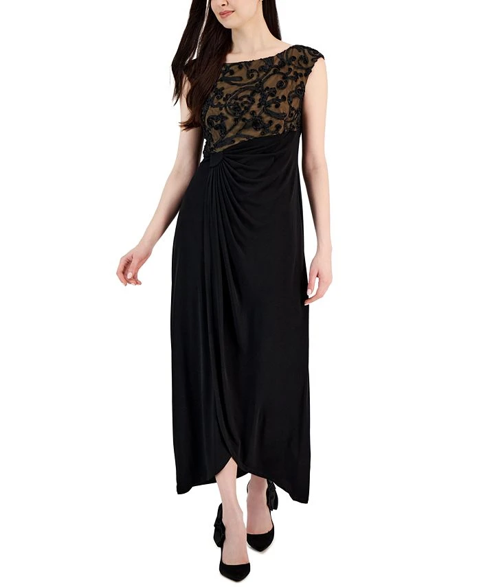 Connected Women's Soutache Lace Cap-Sleeve Faux-Wrap Gown 1 Connected Women's Soutache Lace Cap-Sleeve Faux-Wrap Gown