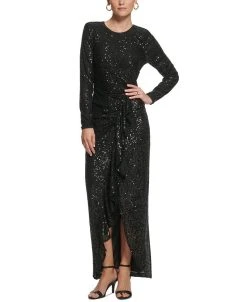 Vince Camuto Women's Long-Sleeve Ruffle-Front Sequin Dress