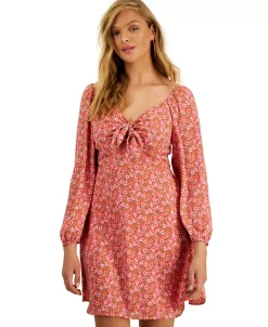 Bar III Women's Printed Tie-Front Blouson-Sleeve Dress, Created For Macy's -VINCE CAMUTO Shop 23220499 fpx