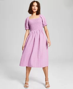 And Now This Women's Textured Smocked Puff Sleeve Midi Dress -VINCE CAMUTO Shop 23272244 fpx