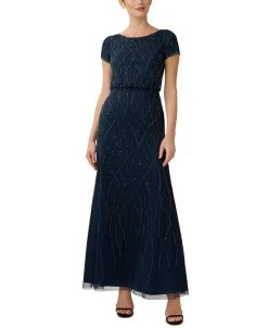 Adrianna Papell Women's Short Sleeve Embellished Overlay Gown