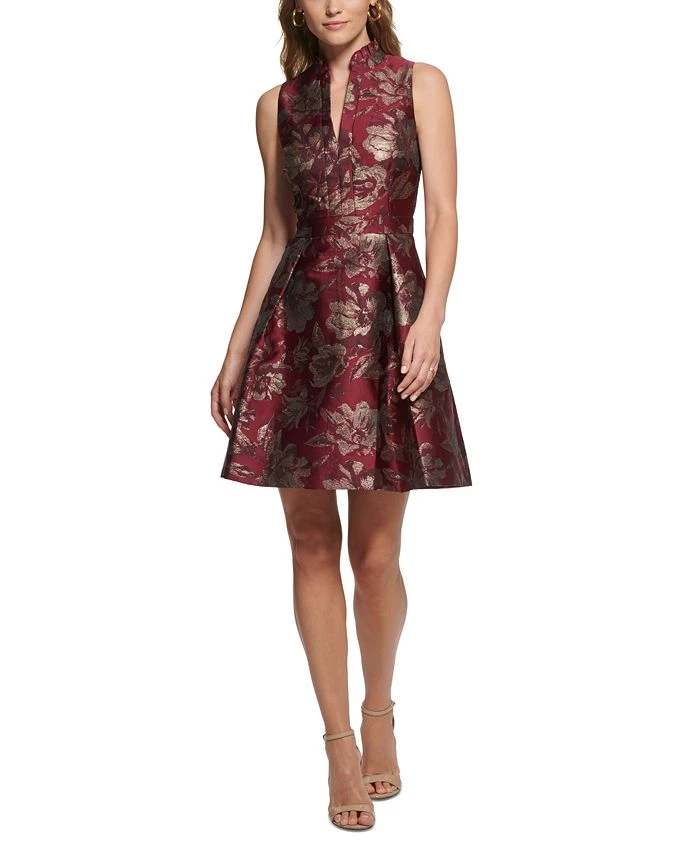 Vince Camuto Women's Jacquard Ruffled-Neck Fit & Flare Dress 1 Vince Camuto Women's Jacquard Ruffled-Neck Fit & Flare Dress