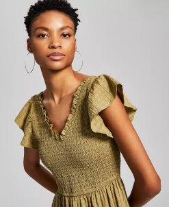 And Now This Women's Smocked Flutter-Sleeve Midi Dress 5 And Now This Women's Smocked Flutter-Sleeve Midi Dress -VINCE CAMUTO Shop 23514941 fpx