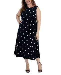 Kasper Plus Size Polka Dot-Print Belted Fit & Flare Dress