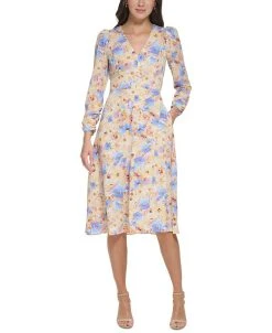 Vince Camuto Women's Floral-Print Cutout-Back Pebble-Crepe Midi Dress
