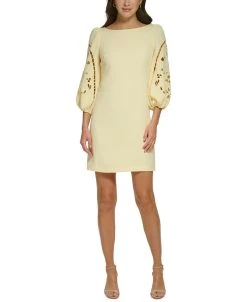 Vince Camuto Women's Signature Stretch Crepe Embroidered-Sleeve Shift Dress