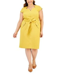 Kasper Plus Size Cap-Sleeve Tie-Waist Zip-Back Dress