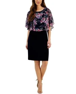 Connected Women's Round-Neck Floral-Cape A-Line Dress