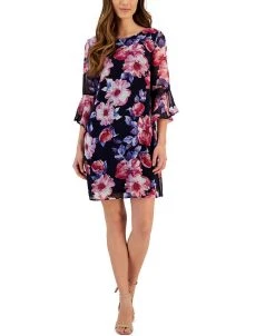 Connected Women's Swiss-Dot Floral-Print Bell-Sleeve Dress