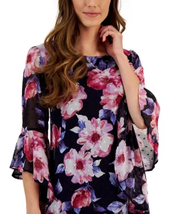 Connected Women's Swiss-Dot Floral-Print Bell-Sleeve Dress -VINCE CAMUTO Shop 23656250 fpx