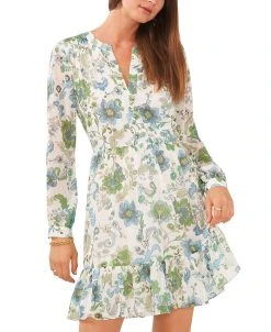 Vince Camuto Women's Printed Split-Neck Long-Sleeve Dress