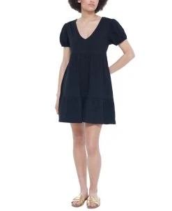 Black Tape Women's V-Neck Puff-Sleeve Babydoll Dress