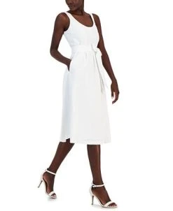 Anne Klein Women's Belted Seersucker Sleeveless Midi Dress -VINCE CAMUTO Shop 23777319 fpx